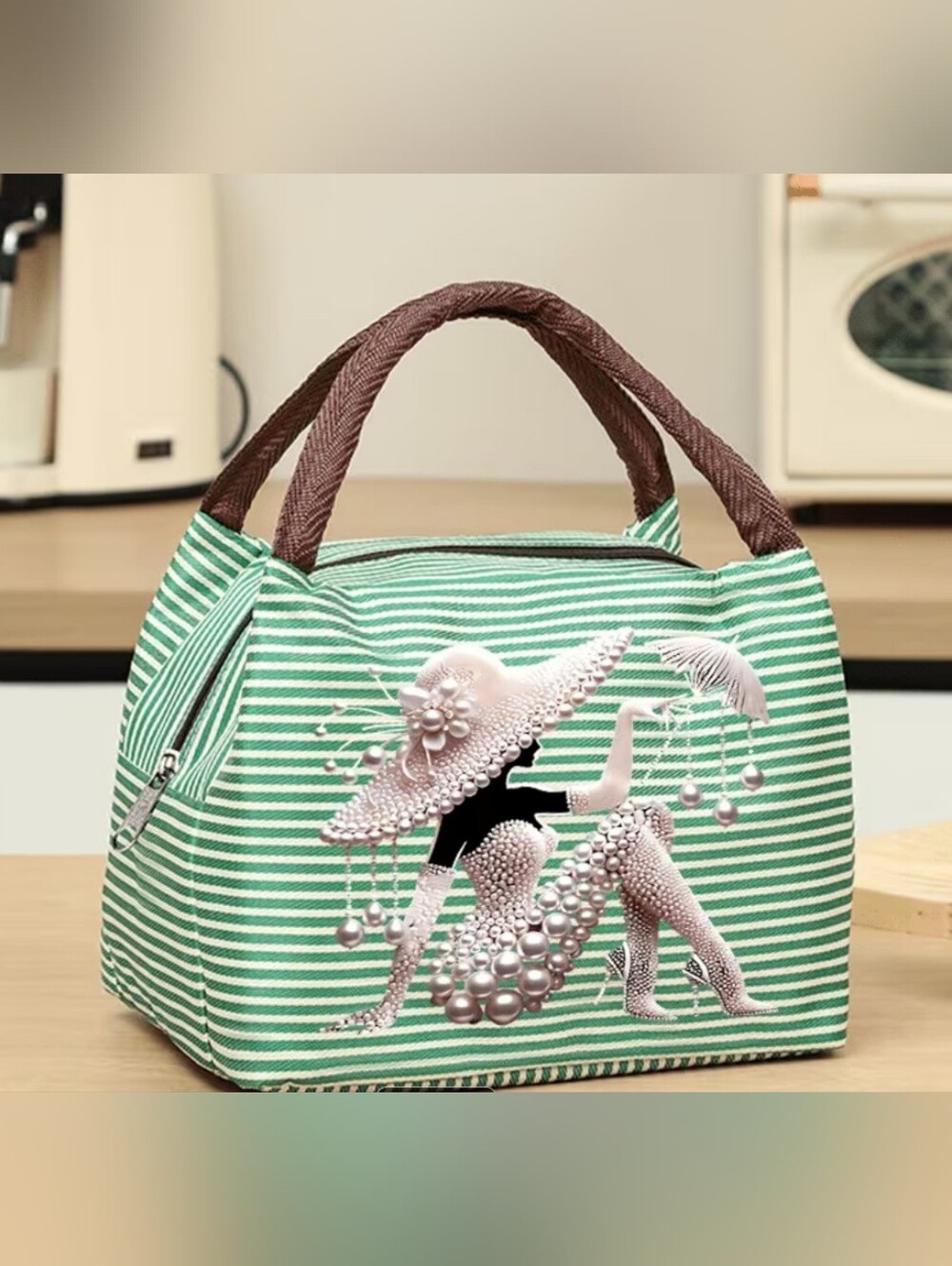 Striped Green Pearl-Embellished Women's Tote Bag
